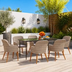 7 Piece Outdoor Dining Set - Acacia Wood, Cushioned Chairs