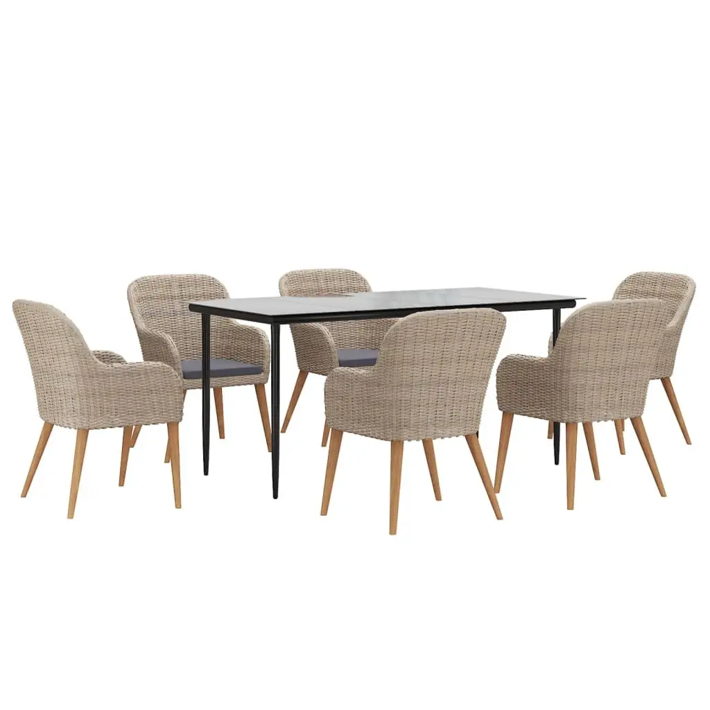 7 Piece Outdoor Dining Set Patio Garden Acacia Wood Tempered Glass Table Cushioned Chairs