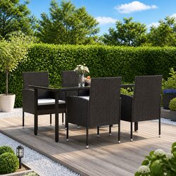 5 Piece Outdoor Dining Set Black Poly Rattan Garden Furniture with Cushions