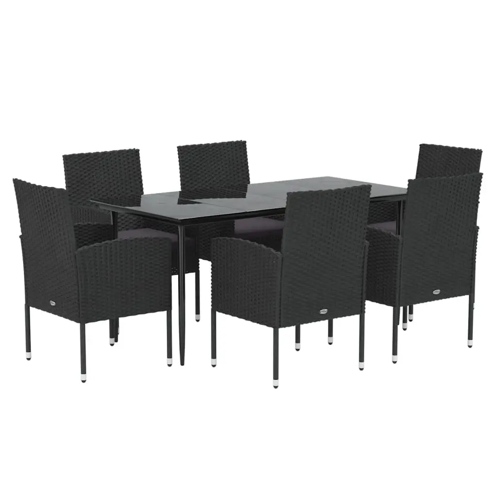 7 Piece Outdoor Dining Set for Patio Garden Black Poly Rattan Furniture with Cushions