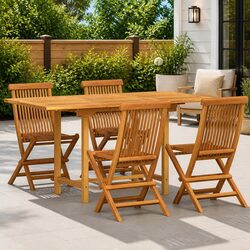 Garden Dining Set 5 Pieces Brown Teak Wood Outdoor Table Chairs Terrace