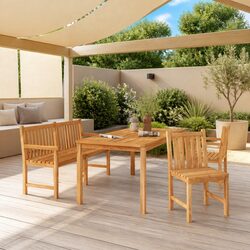 4-Piece Garden Dining Set: Teak Wood, Brown, 1 Table, 2 Chairs, 1 Bench