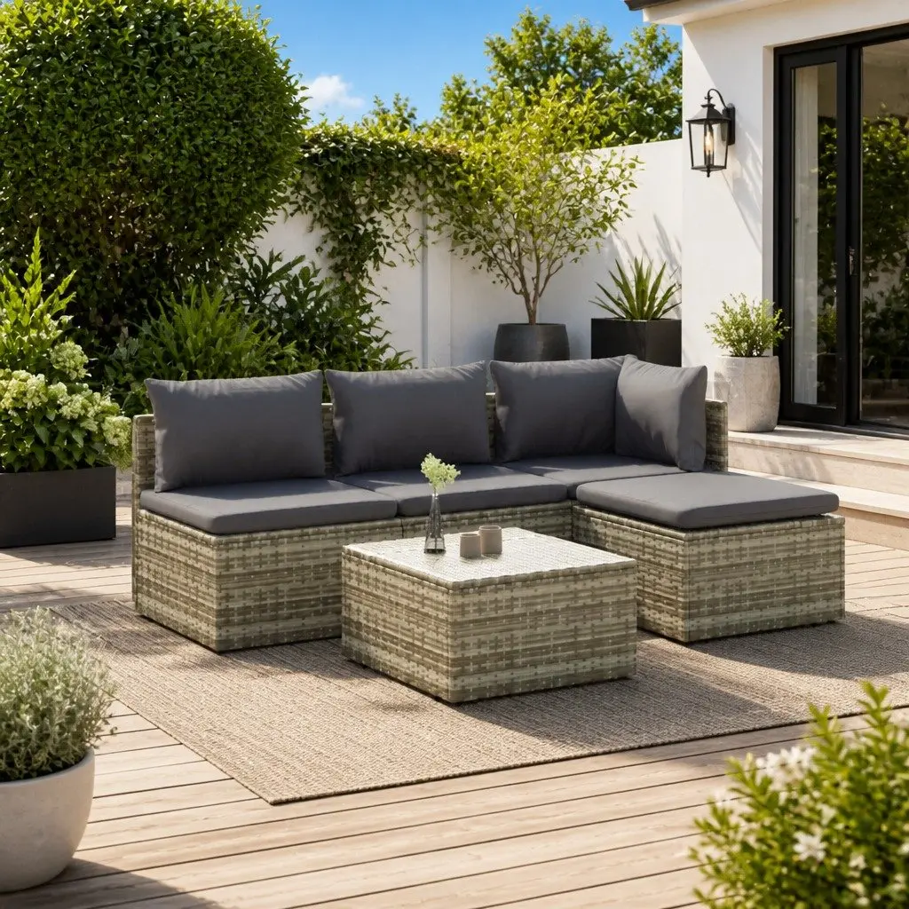 Garden Lounge Set Outdoor Furniture 5 Piece Grey Poly Rattan with Cushions