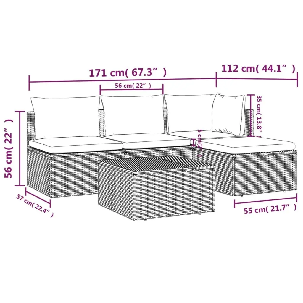 Garden Lounge Set Outdoor Furniture 5 Piece Grey Poly Rattan with Cushions