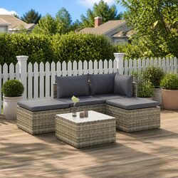 5 Piece Garden Lounge Set with Cushions Grey Outdoor Patio Furniture Poly Rattan