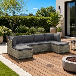 6 Piece Garden Lounge Set: Grey Poly Rattan with Cushions