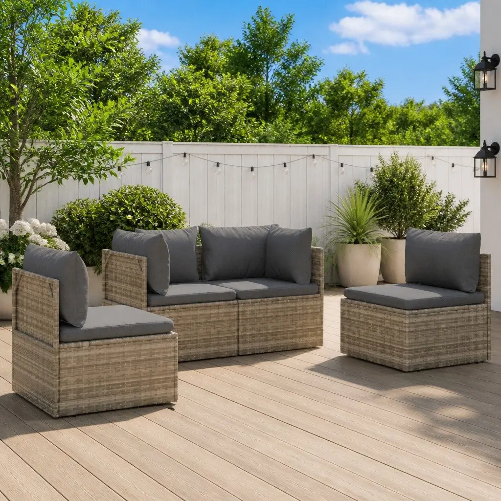 4 Piece Outdoor Lounge Set for Garden Patio Grey Poly Rattan with Cushions and Storage