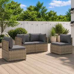 4 Piece Grey Garden Lounge Set with Poly Rattan and Steel Frame