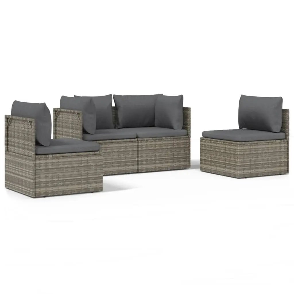 4 Piece Outdoor Lounge Set for Garden Patio Grey Poly Rattan with Cushions and Storage