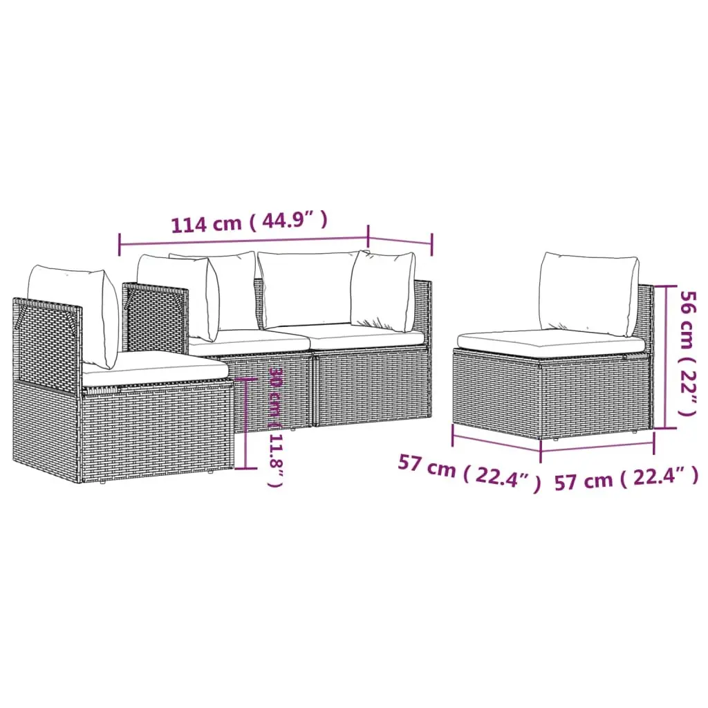 4 Piece Outdoor Lounge Set for Garden Patio Grey Poly Rattan with Cushions and Storage