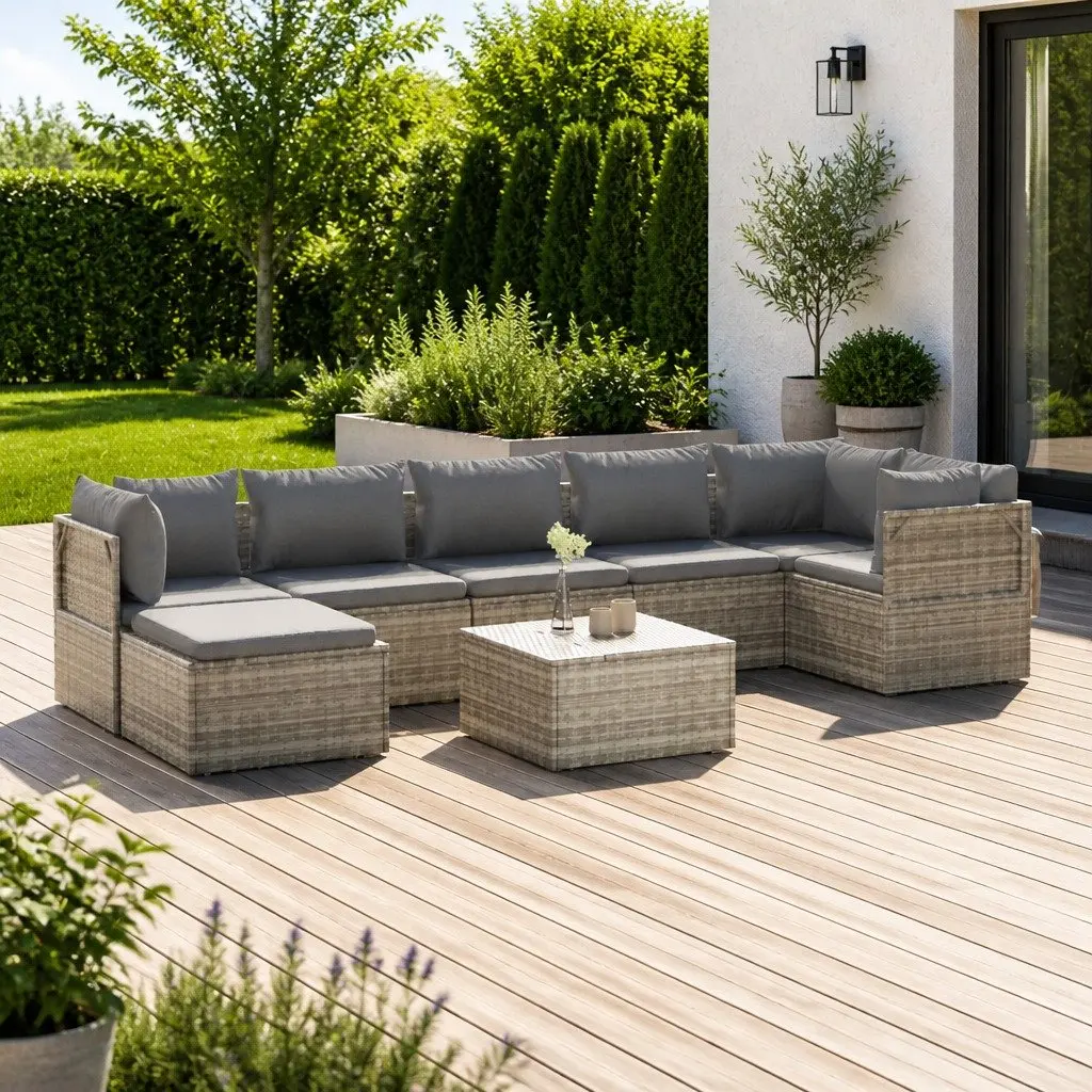 Garden Lounge Set 8 Piece Outdoor Furniture Grey Poly Rattan with Cushions