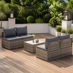 5 Piece Garden Lounge Set with Cushions Grey Outdoor Furniture Patio Rattan