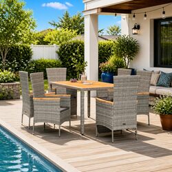 7-Piece Garden Dining Set: Grey, PE Rattan, Steel Frame
