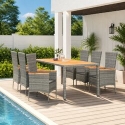 7 Piece Outdoor Dining Set Specifications: Grey Poly Rattan
