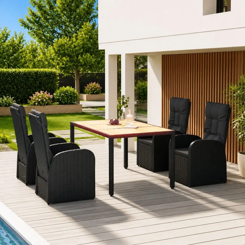 5 Piece Outdoor Garden Dining Set Black Poly Rattan Chairs Table