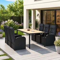 7 Piece Garden Dining Set: Chairs, Table, Cushions in Black Poly Rattan