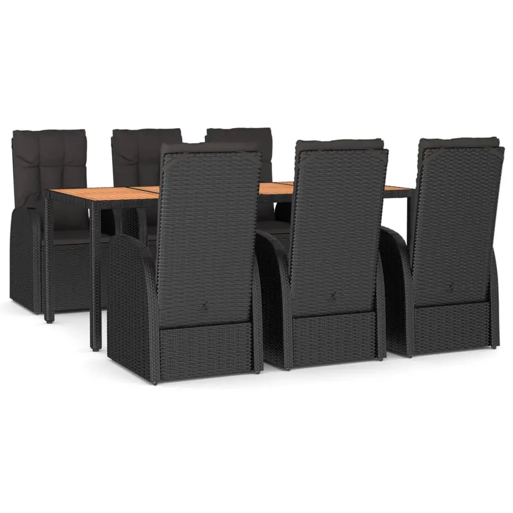 7 Piece Garden Dining Set for Outdoor Patio Black Poly Rattan with Cushions
