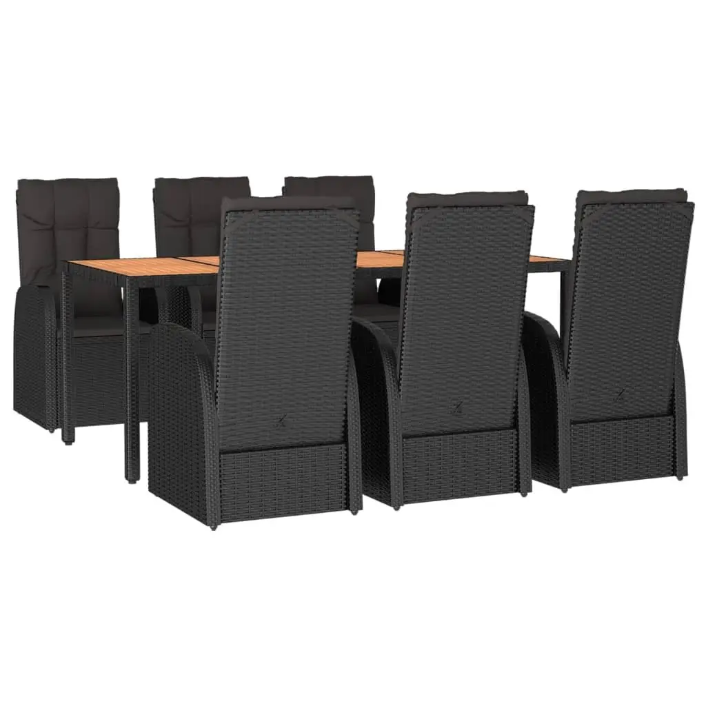 7 Piece Garden Dining Set for Outdoor Patio Black Poly Rattan with Cushions
