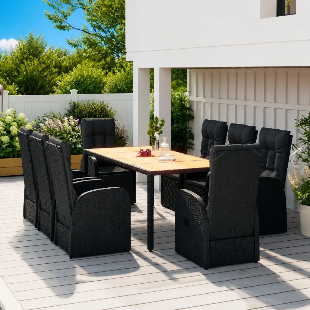 Garden Dining Set 9 Piece Outdoor Patio Black PE Rattan with Cushions