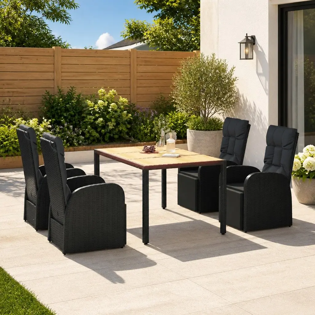 5 Piece Outdoor Dining Set for Garden Black Poly Rattan Acacia Wood Furniture