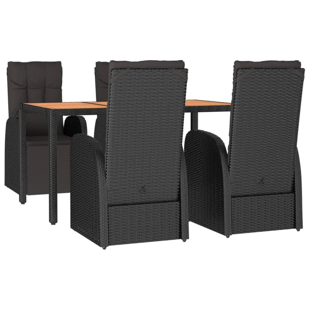 5 Piece Outdoor Dining Set for Garden Black Poly Rattan Acacia Wood Furniture
