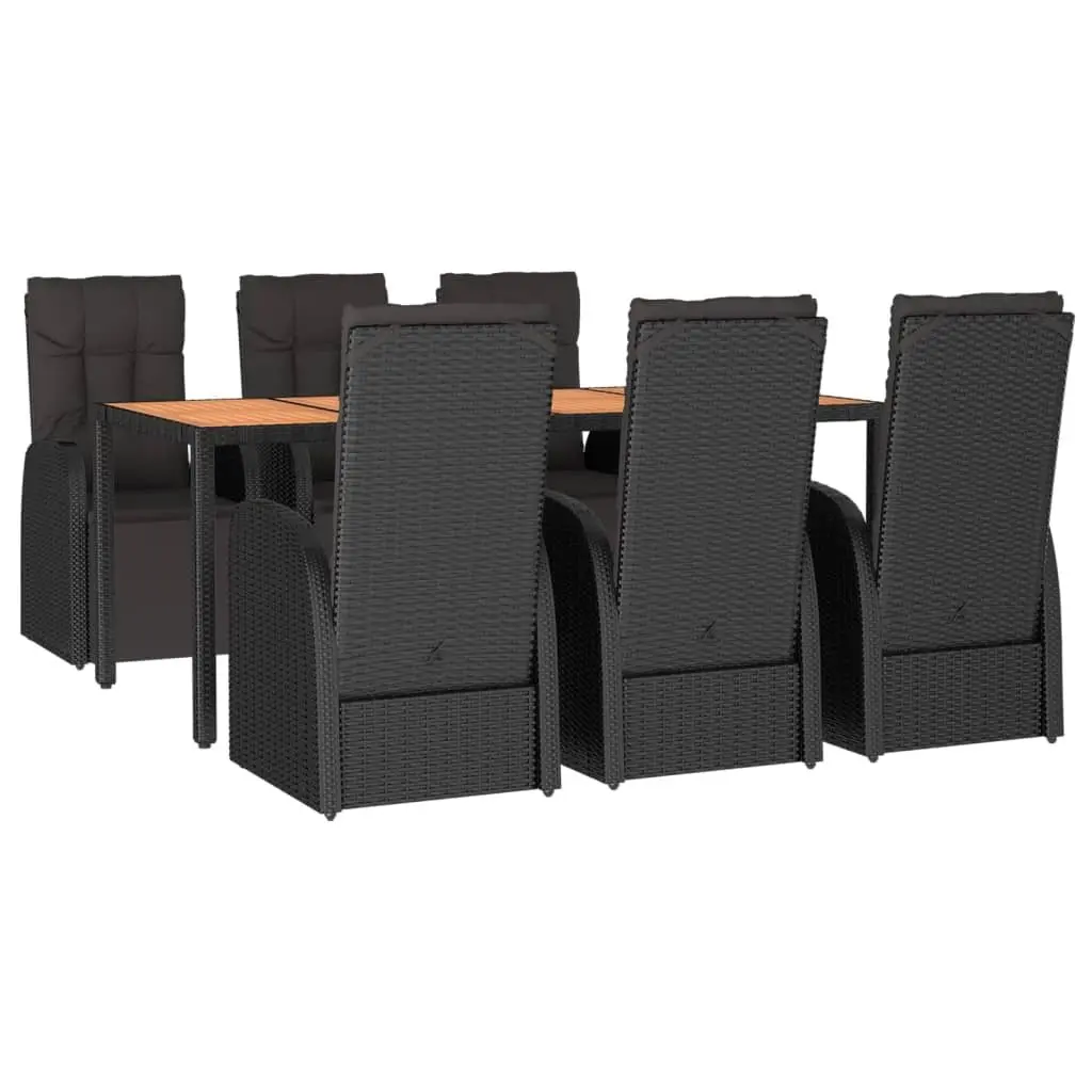 7 Piece Garden Dining Set Black Poly Rattan Acacia Wood Outdoor Patio Furniture