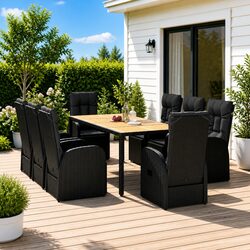Garden Dining Set 9 Piece Black Poly Rattan Acacia Wood Outdoor Furniture