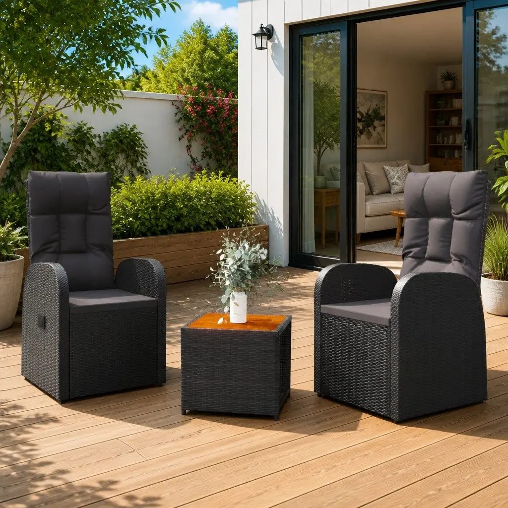 3 Piece Outdoor Lounge Set Black Garden Chair Table Cushion Pillow