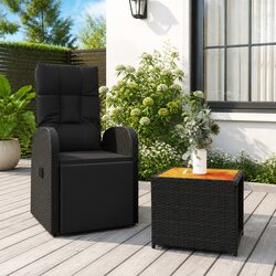 Garden Lounge Set 2 Piece Outdoor Furniture Black Rattan Wood Reclining Chair