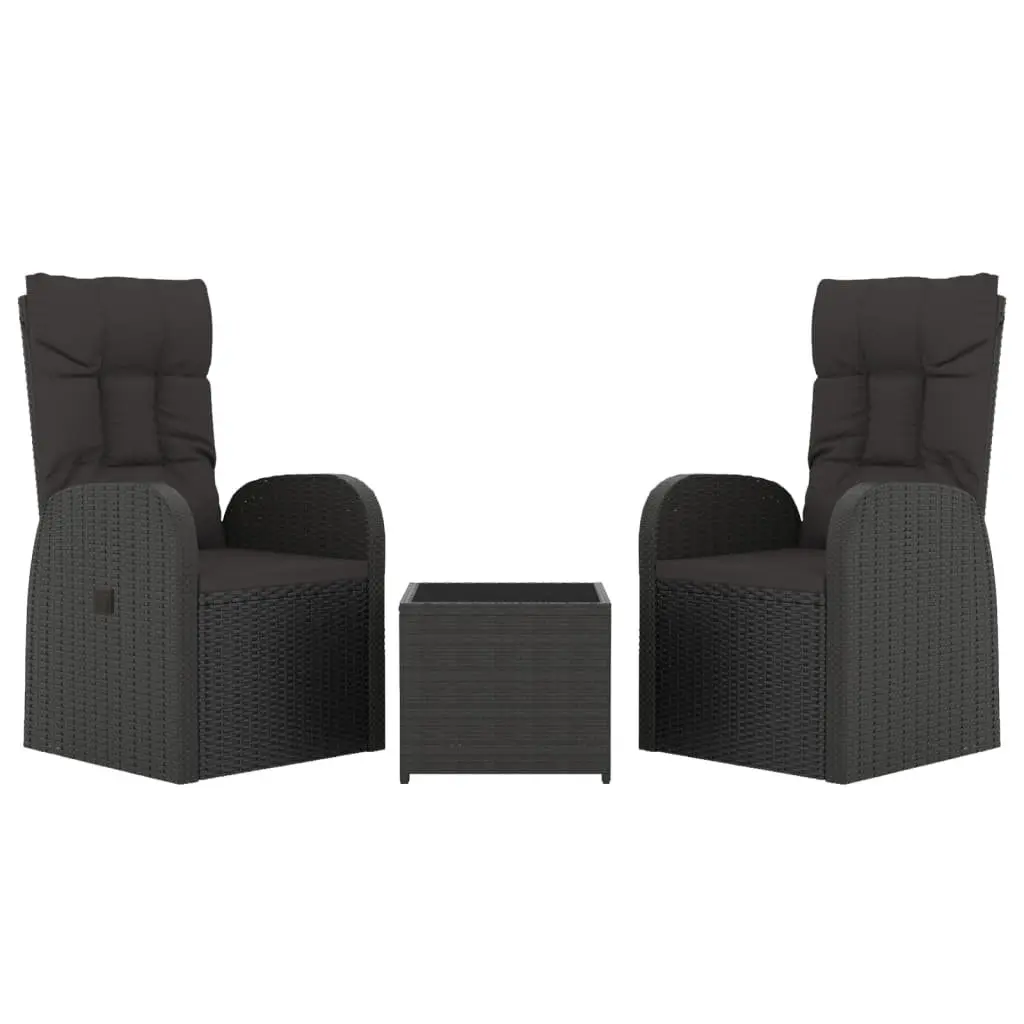 3 Piece Garden Lounge Set Outdoor Black Reclining Chairs Tempered Glass Table