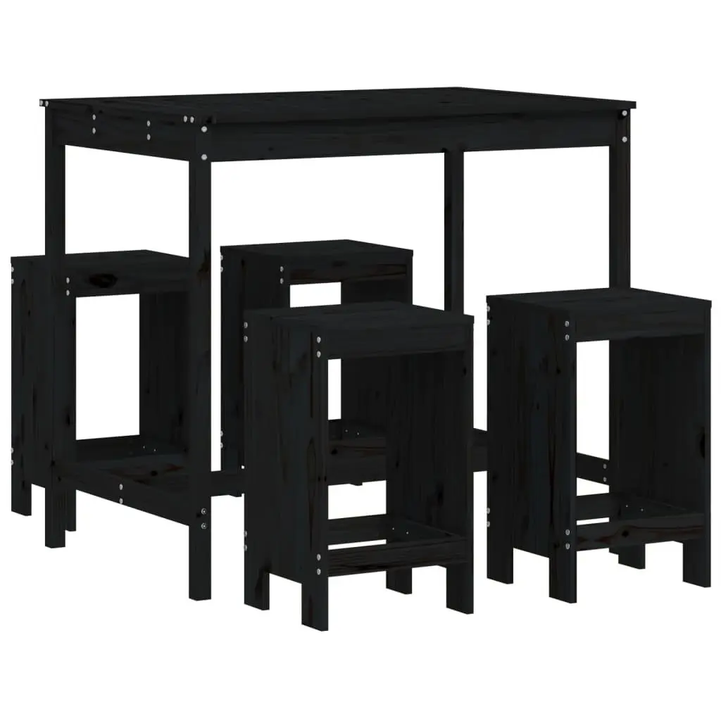 Garden Bar Set 5 Piece Outdoor Furniture Black Wooden Patio Dining Stools Table