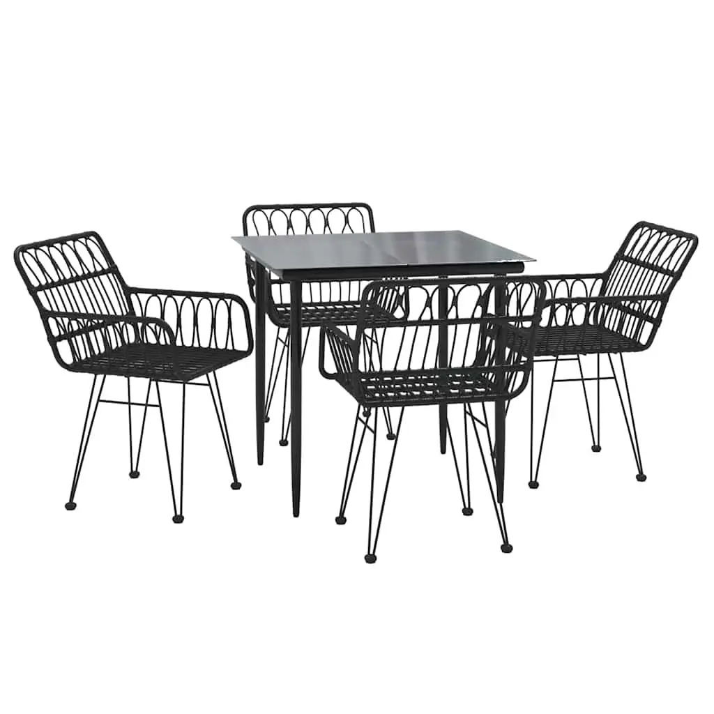 5 Piece Outdoor Dining Set Black Patio Furniture with Rattan Chairs and Glass Top Table