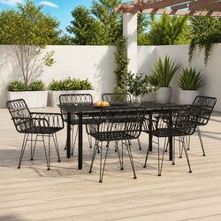 7 Piece Outdoor Dining Set: Black, Steel & Rattan Furniture