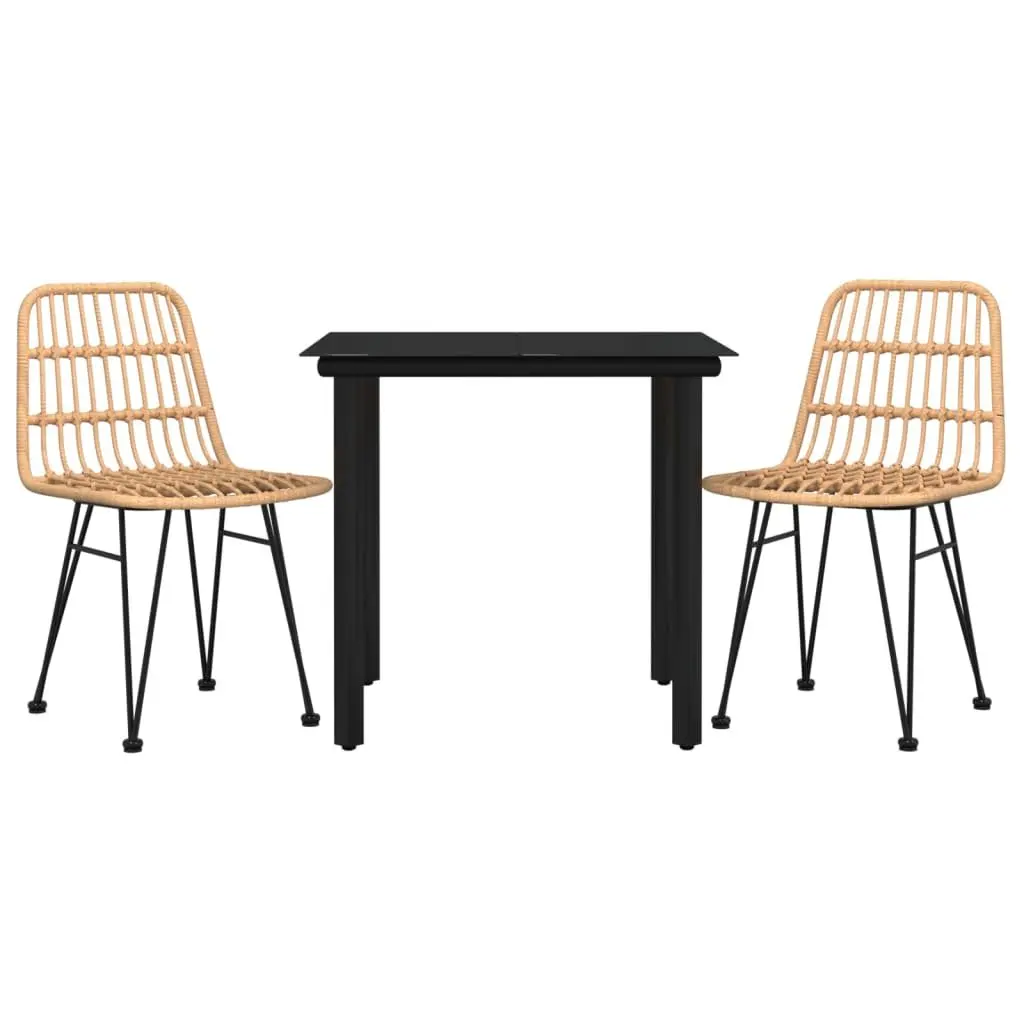 3 Piece Outdoor Garden Dining Set for Patio Brown PE Rattan with Steel Frame and Tempered Glass Tabletop