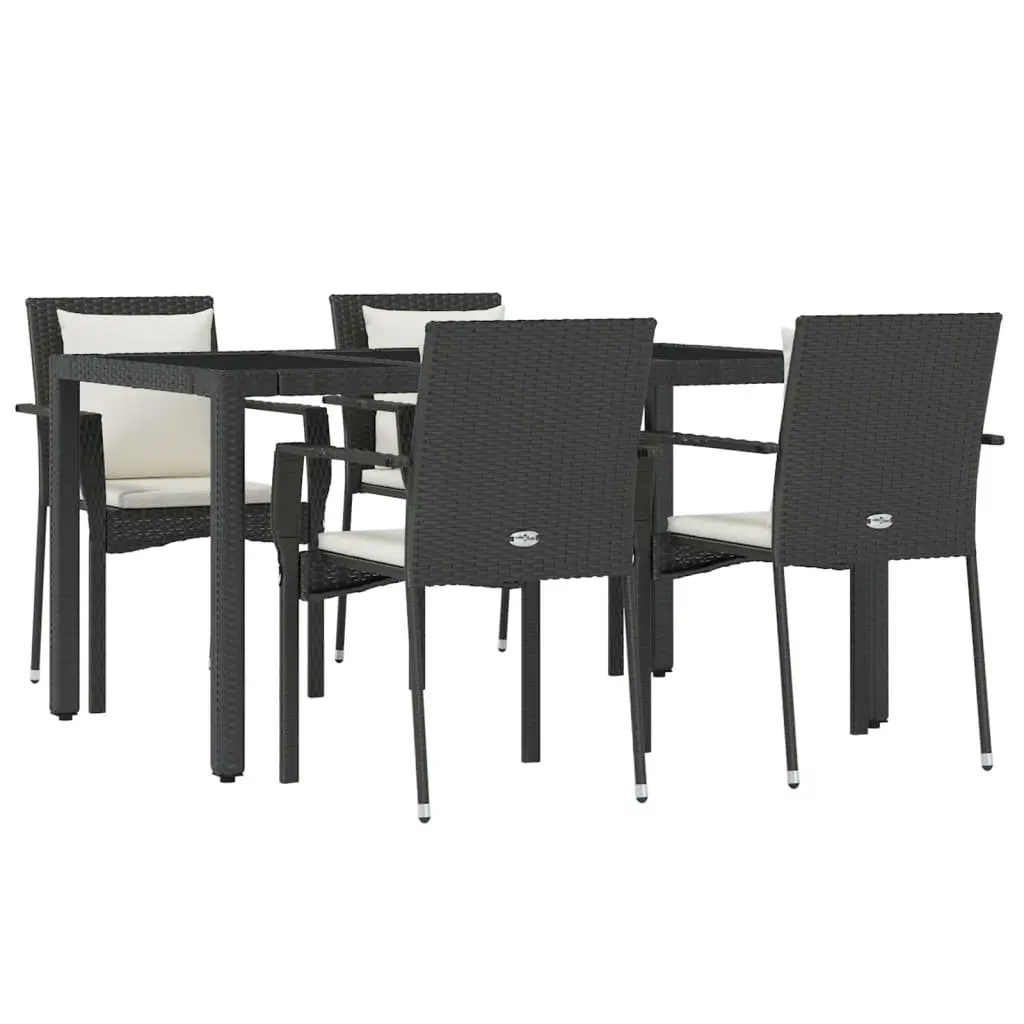 5 Piece Garden Dining Set for Outdoor Use Black PE Rattan Chairs with Cushions and Tempered Glass Table