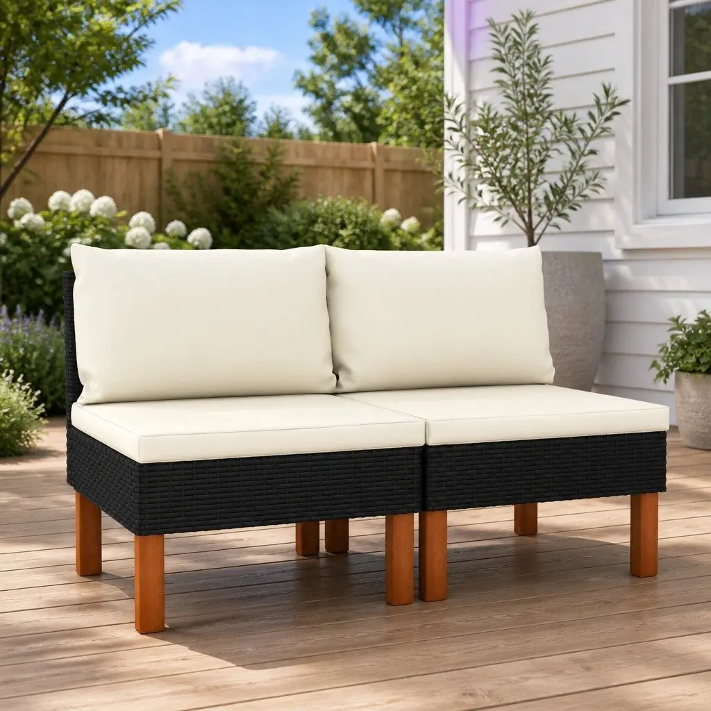 Outdoor Sectional Seating Set Rattan 2 Piece Middle Sofas Black for Garden