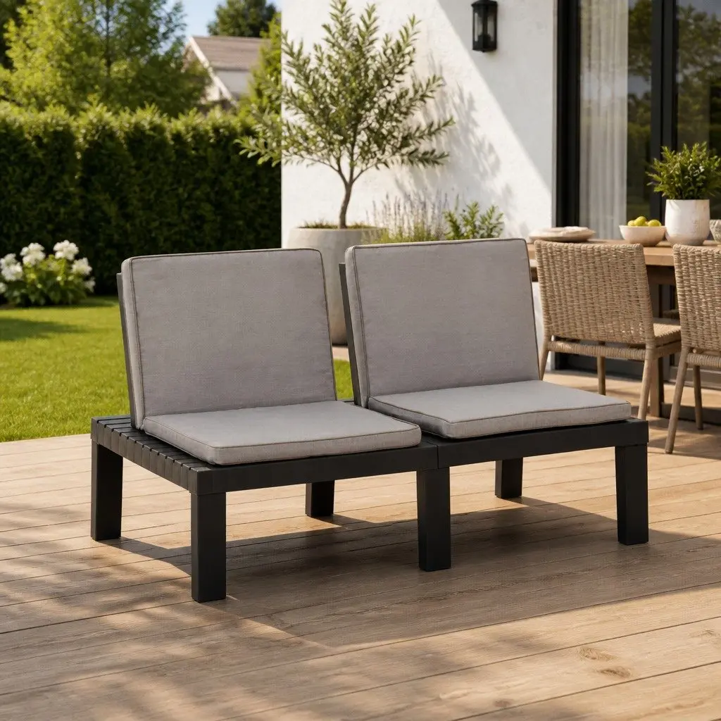 Garden Lounge Bench for Outdoor Use with Padded Cushion Grey