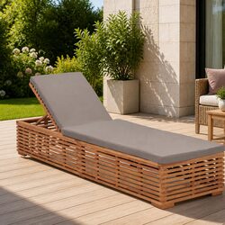 Adjustable Sun Lounger Made of Teak Wood with Grey Cushion