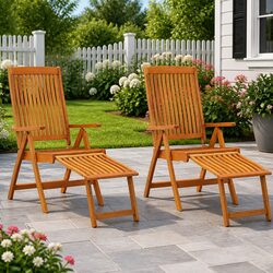Folding Garden Chairs with Footrests: Solid Eucalyptus Wood - 2 Pcs