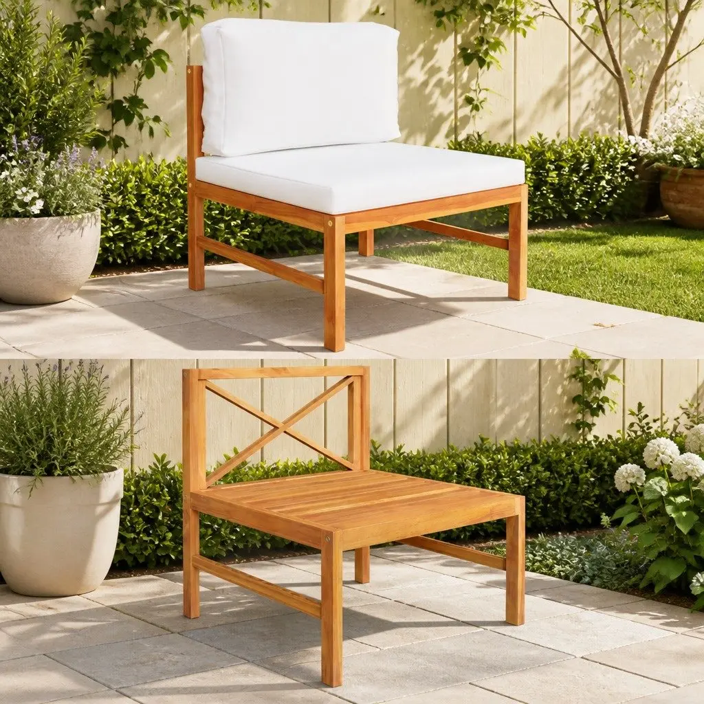 Outdoor Middle Sofa Section Teak Wood Garden Patio Furniture Cream Cushions