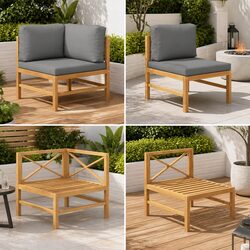 Two-Piece Outdoor Sectional Lounge Set: Teak Wood & Grey Cushions