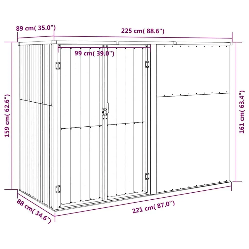 Garden Tool Shed Outdoor Storage Grey 225x89x161 cm Galvanised Steel Frame