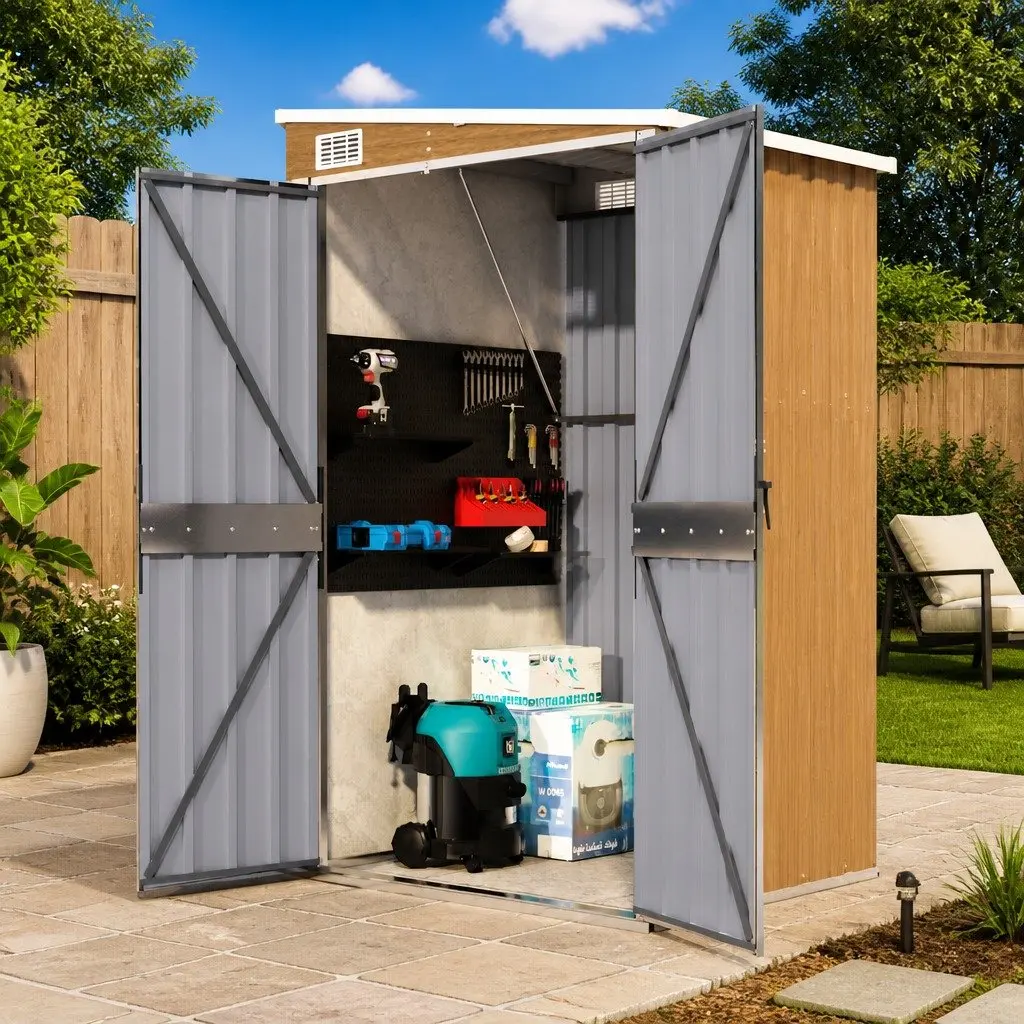 Brown Galvanised Steel Wall-mounted Outdoor Garden Shed with Double Opening Doors 118W x 100D x 178H cm