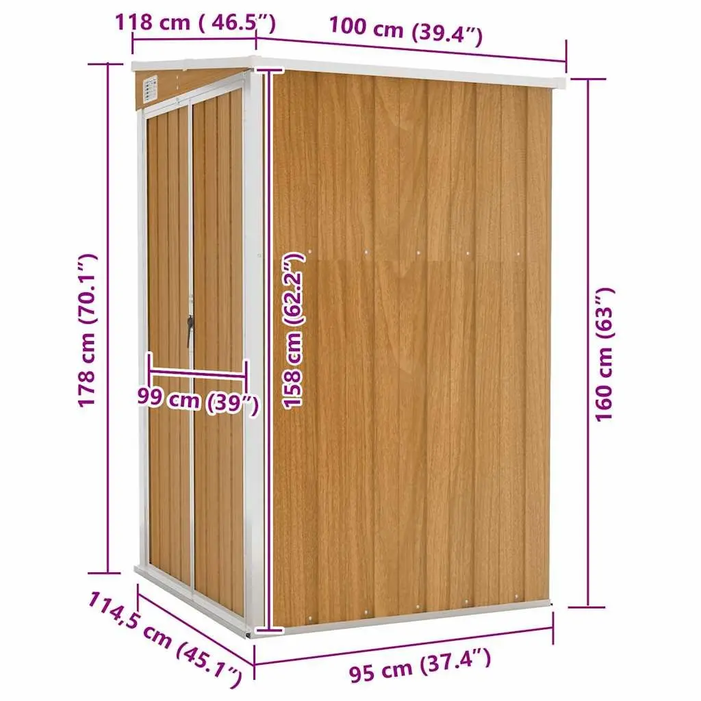 Brown Galvanised Steel Wall-mounted Outdoor Garden Shed with Double Opening Doors 118W x 100D x 178H cm
