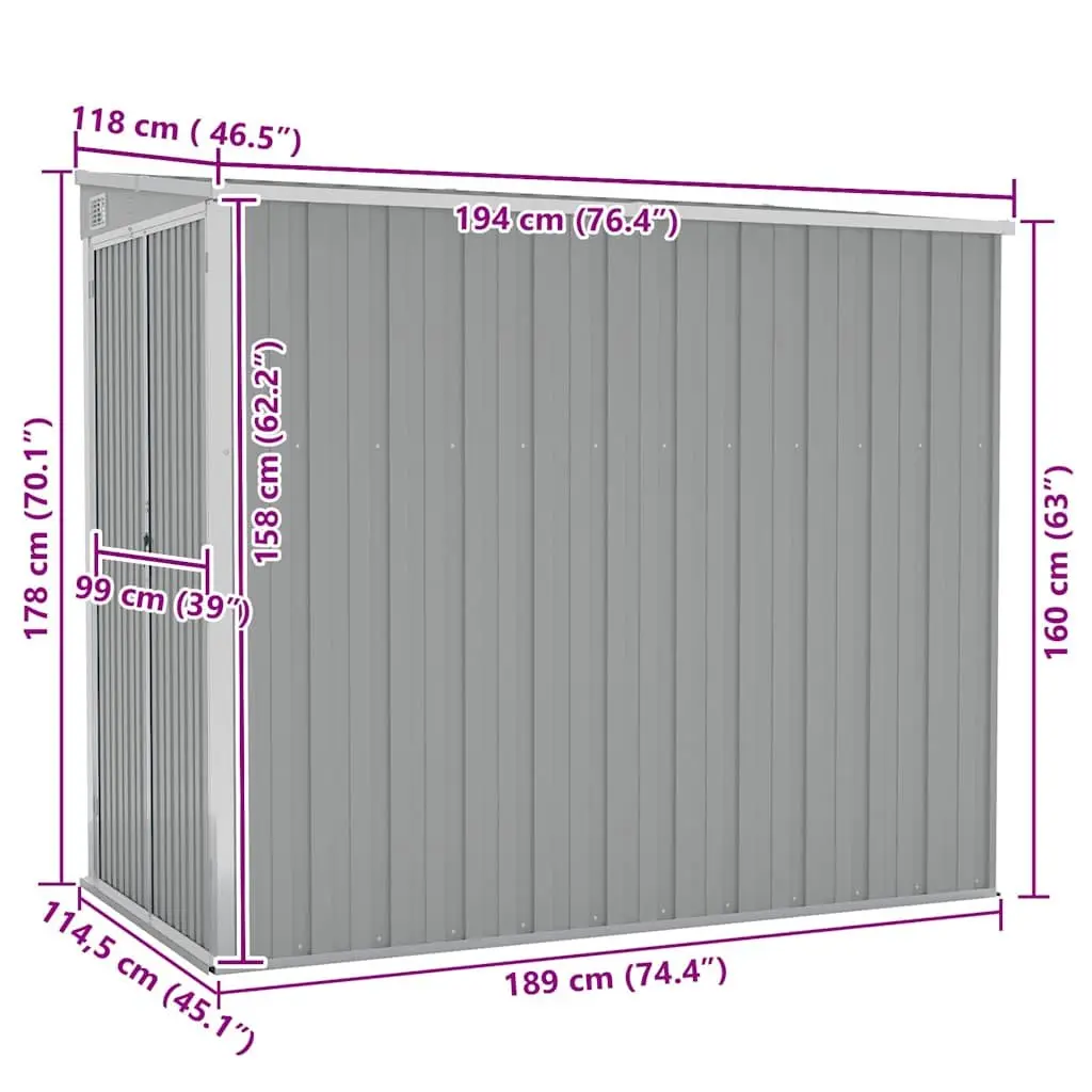 Wall-Mounted Garden Shed Outdoor Storage Grey Steel Tool Equipment House Locker 118 x 194 x 178 cm