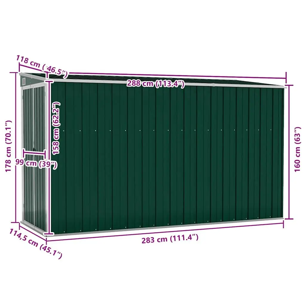 Wall-mounted Garden Shed Green 118x288x178 cm Outdoor Storage Galvanised Steel