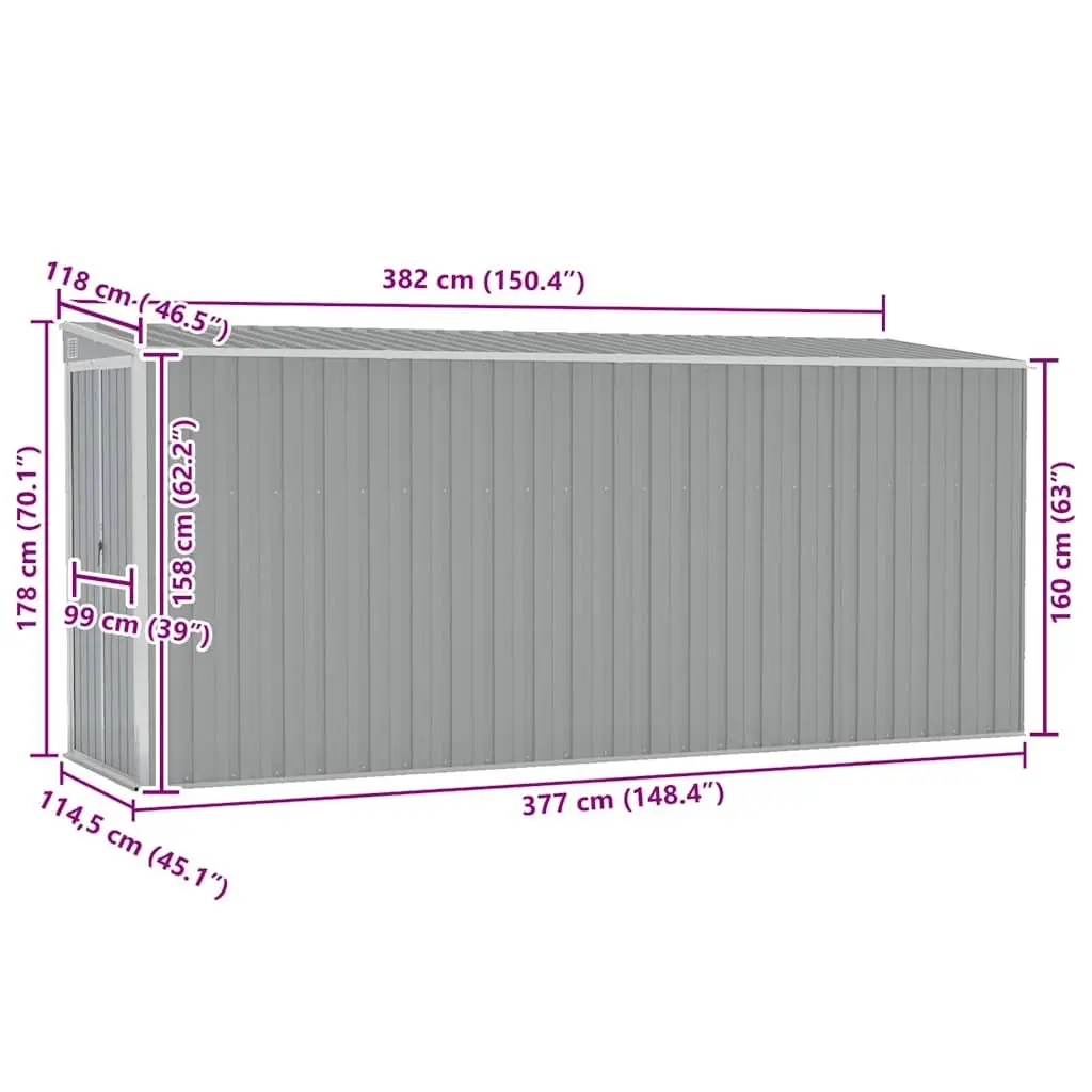 Wall-mounted Garden Shed Storage Outdoor Grey Galvanised Steel 118 x 382 x 178 cm