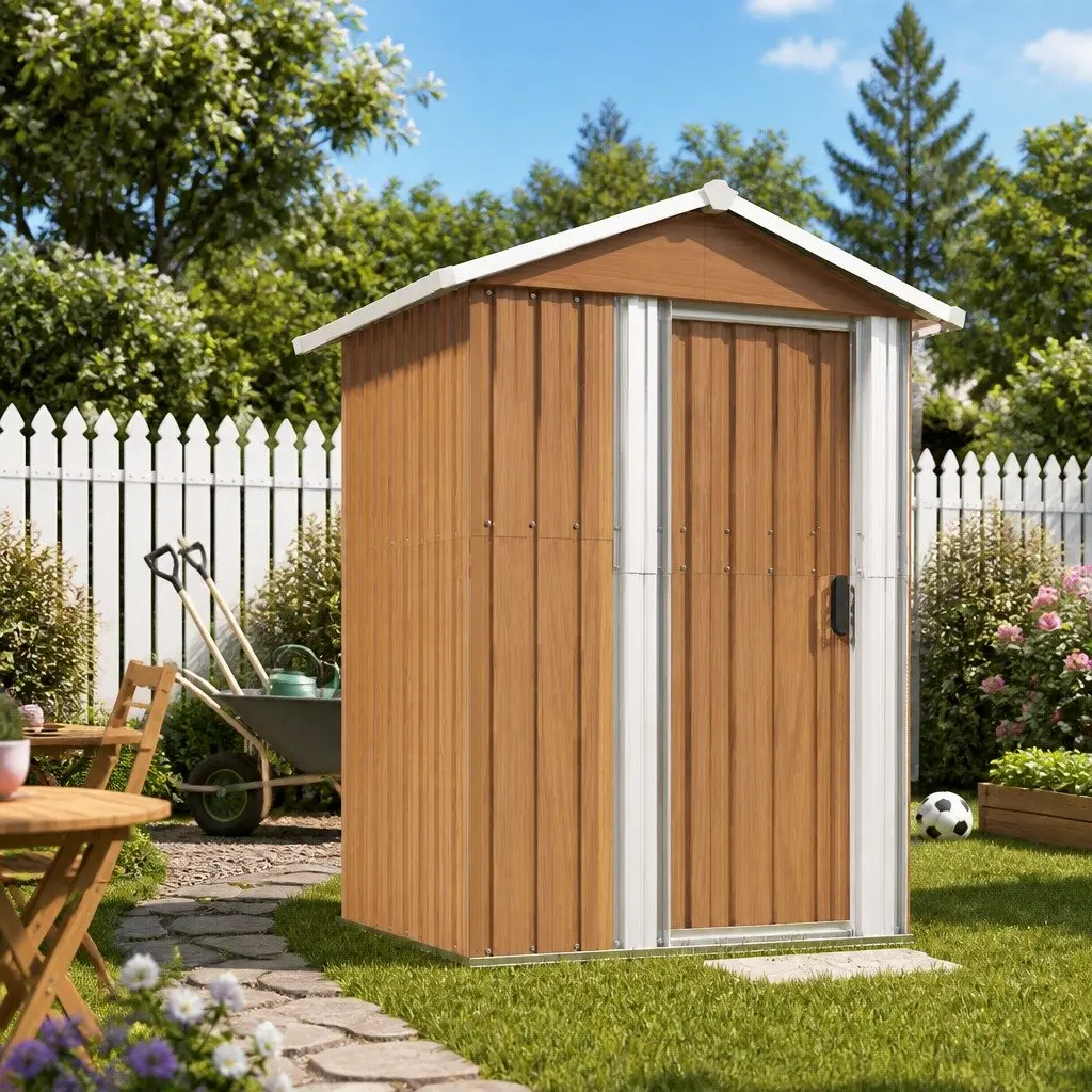 Brown Galvanised Steel Garden Shed Outdoor Storage Tool House 126x97.5x177cm