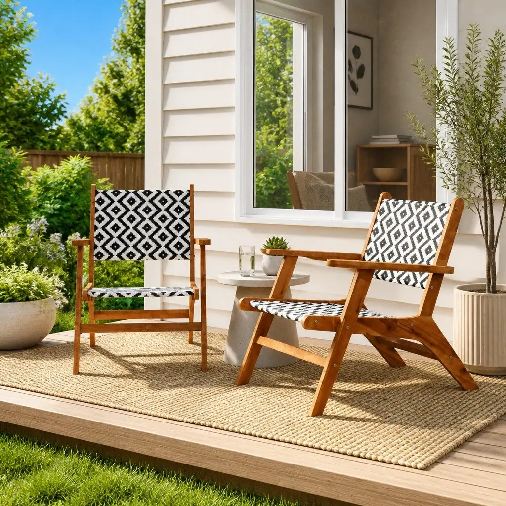 Outdoor Patio Set Acacia Wood Rattan Garden Chairs 2 Pieces Brown