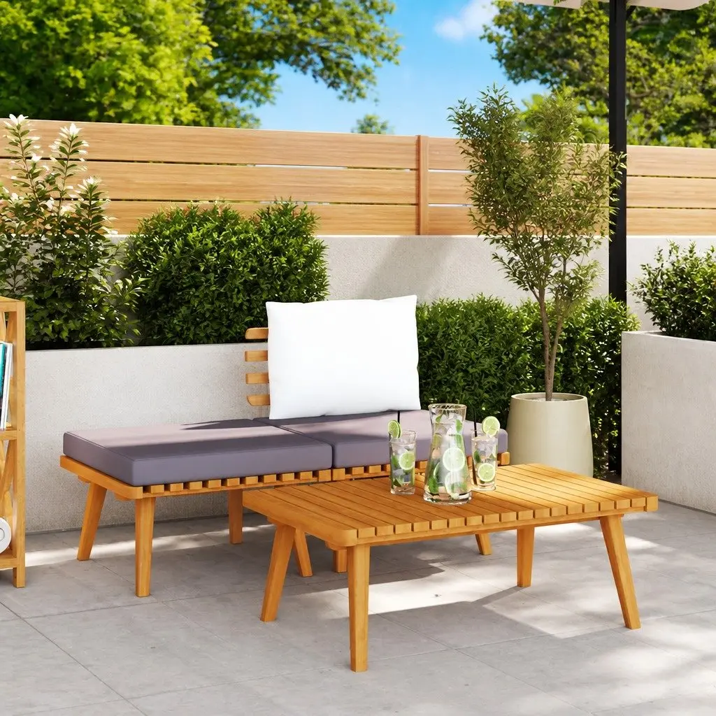 3 Piece Outdoor Lounge Set for Patio Garden Solid Wood with Grey Cushions